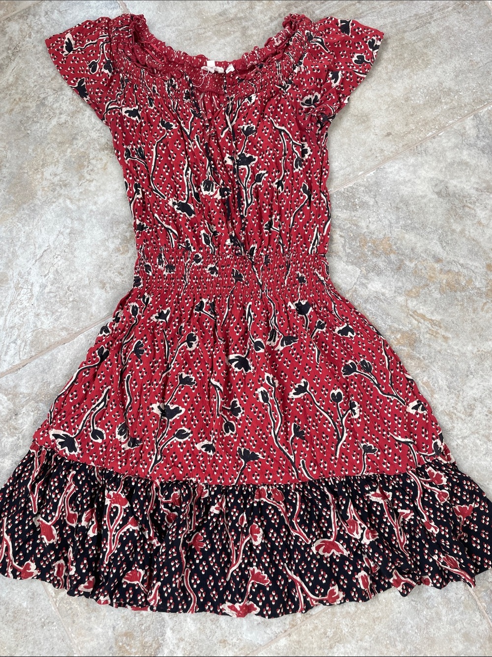 Fat face  Red Floral Smocked Mini Dress with Black and Cream Accents